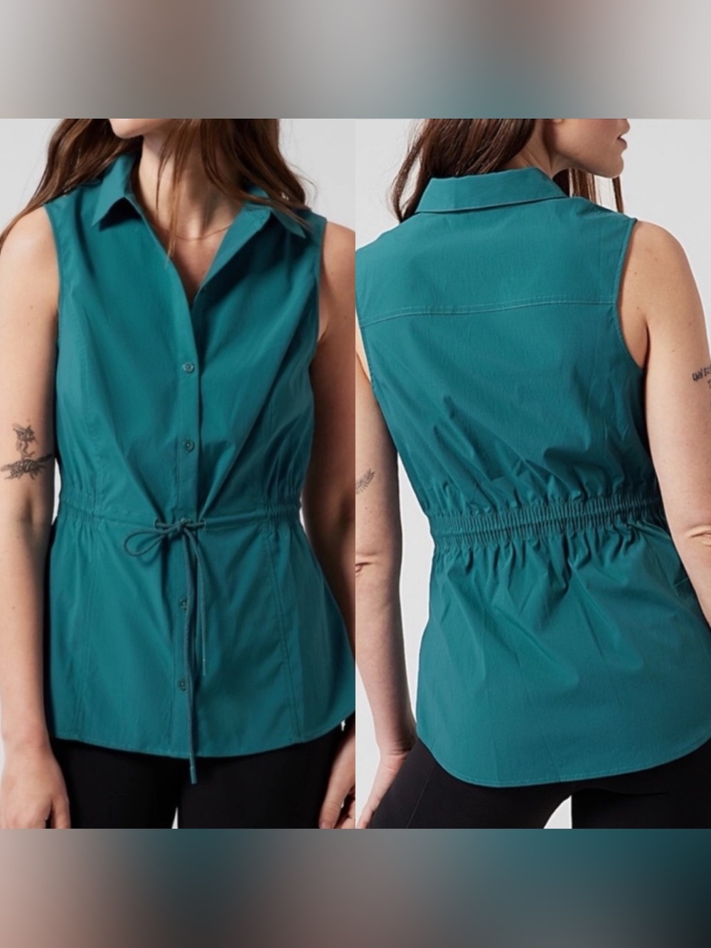 Athleta Levitate Poplin Tank in Borealis Teal green EUC Womens large button down